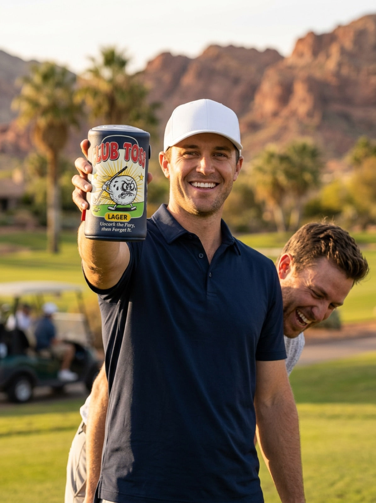 Golfer showing off his Club Toss Lager headcover while his buddy cracks up behind him