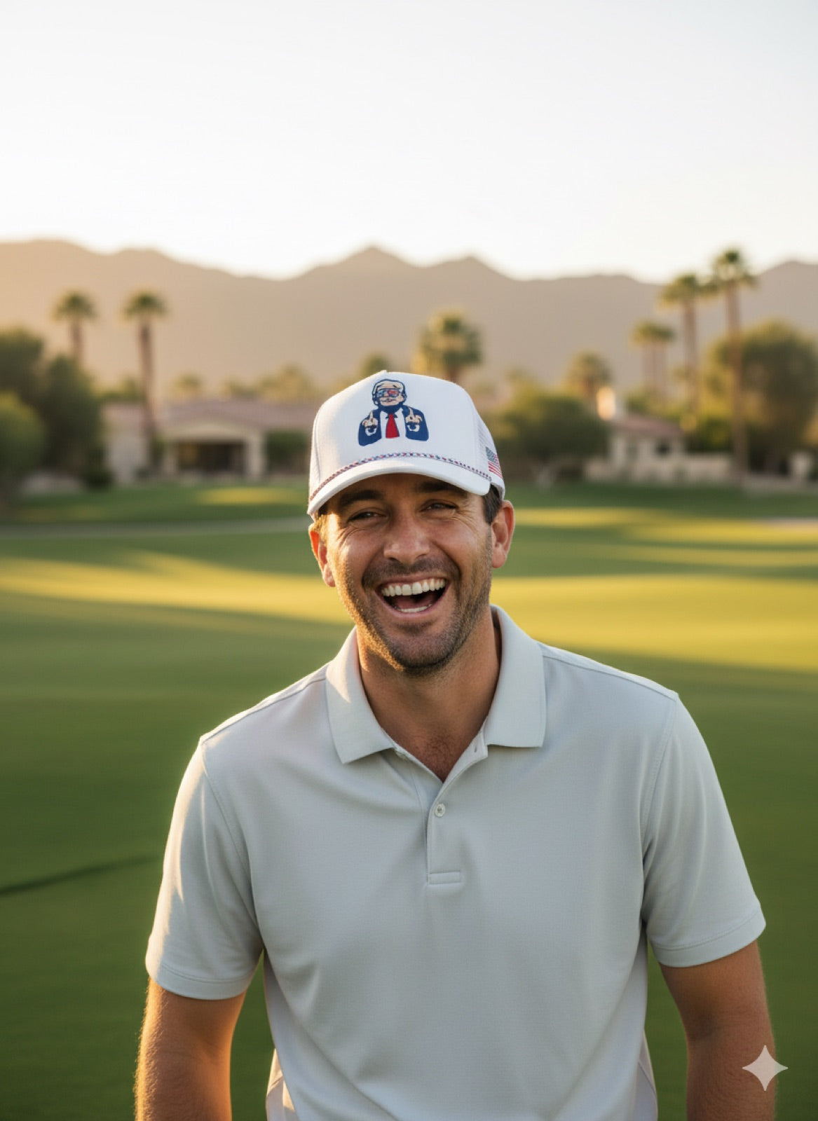 Playing partners laughing at the Bad Shot cover