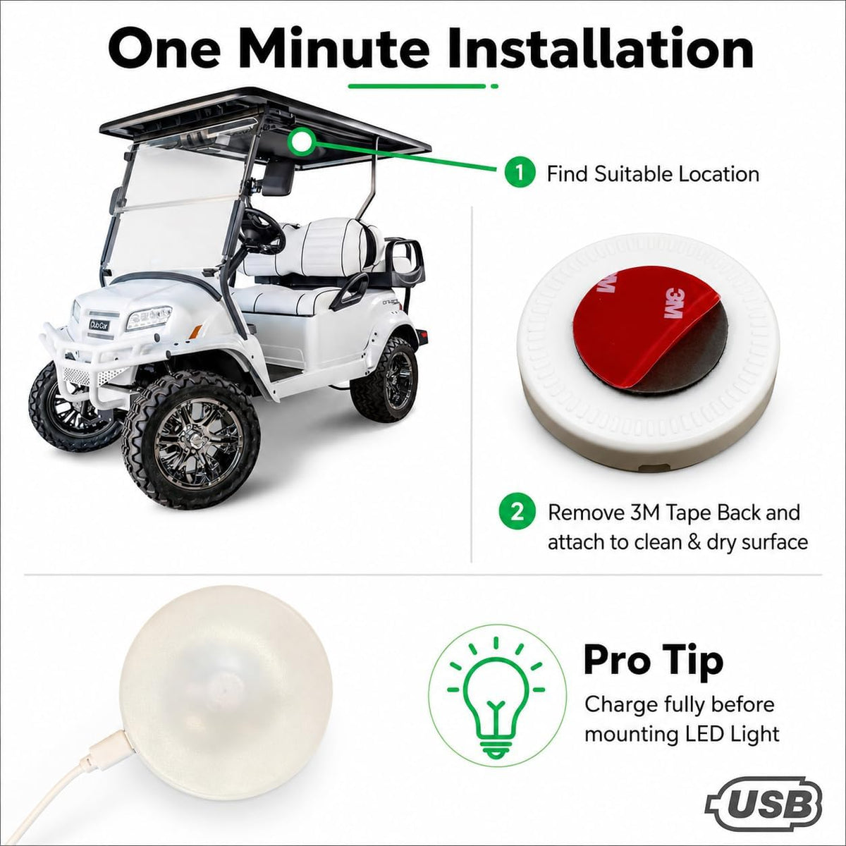 Universal Stick-On Golf Cart LED Roof Light — Rechargeable