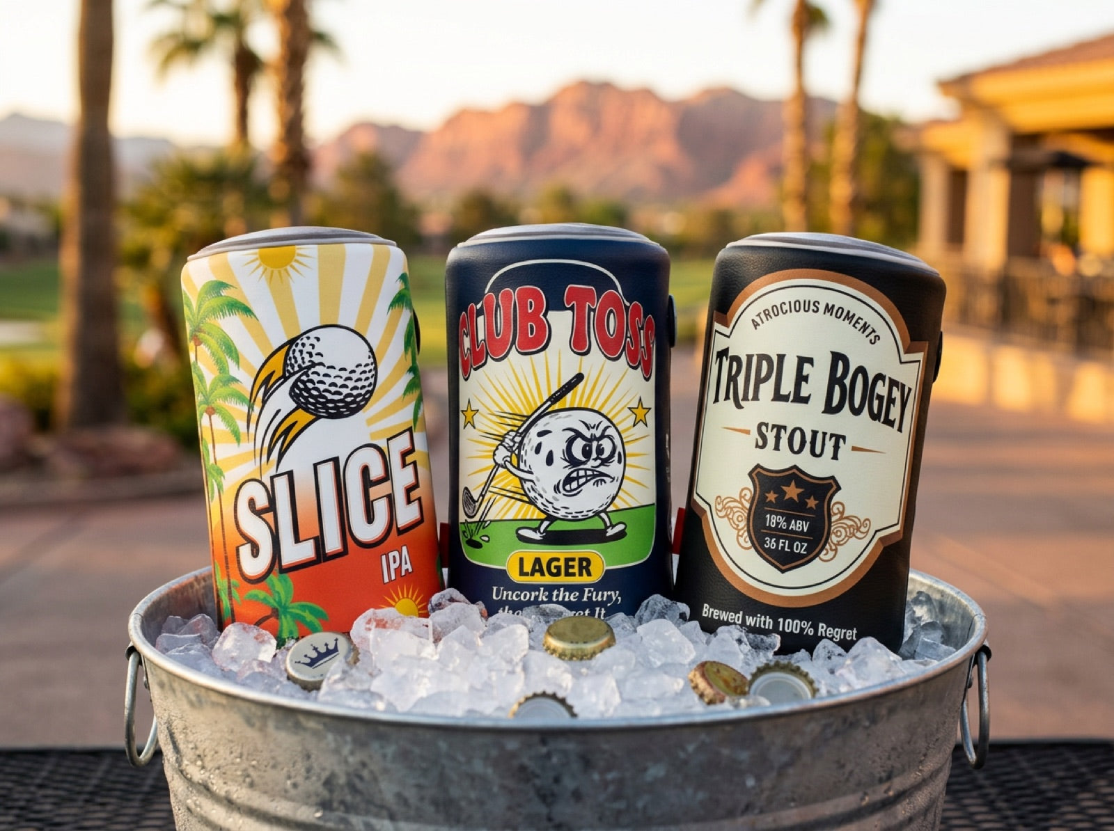 Slice IPA, Club Toss Lager and Triple Bogey Stout headcovers chilling in an ice bucket at the turn