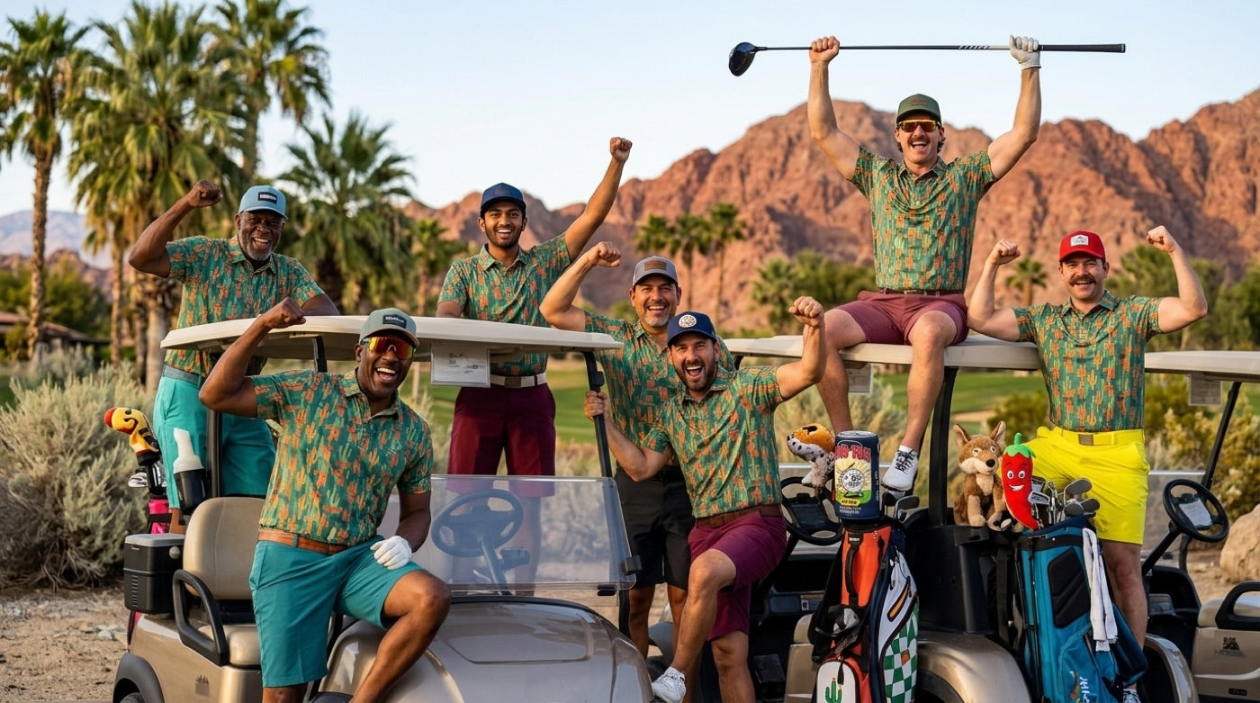Golf crew in matching cactus-print polos celebrating on their carts at golden hour