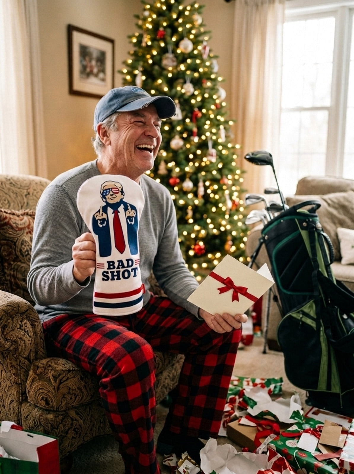 Customer laughing by the Christmas tree holding his Bad Shot headcover, card in hand