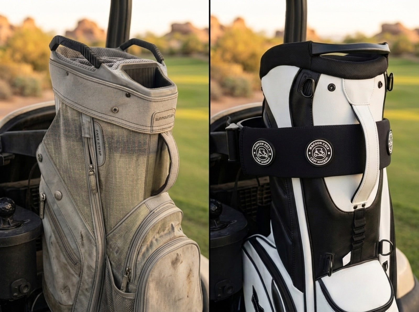Side by side: a strap-worn golf bag versus a pristine bag protected by the Madson Magnetic Cart Sleeve
