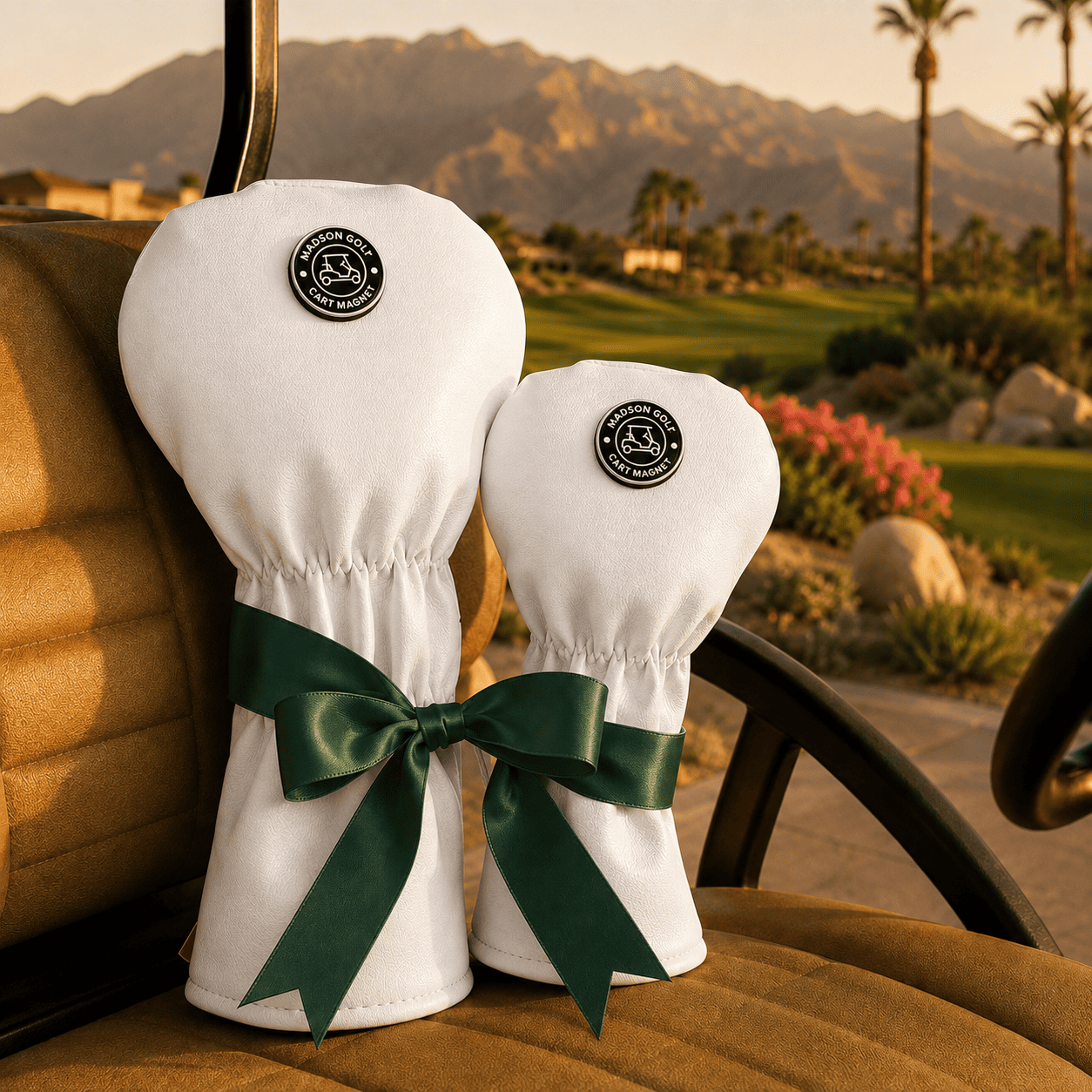 White driver and fairway covers tied with a green ribbon, ready to gift